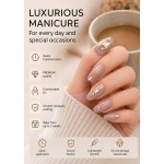 Grey‑Nude Medium‑Long Almond Press‑On Nails, Luxury Yellow Square Rhinestone Pearl Metal Decor Elegant False Nails